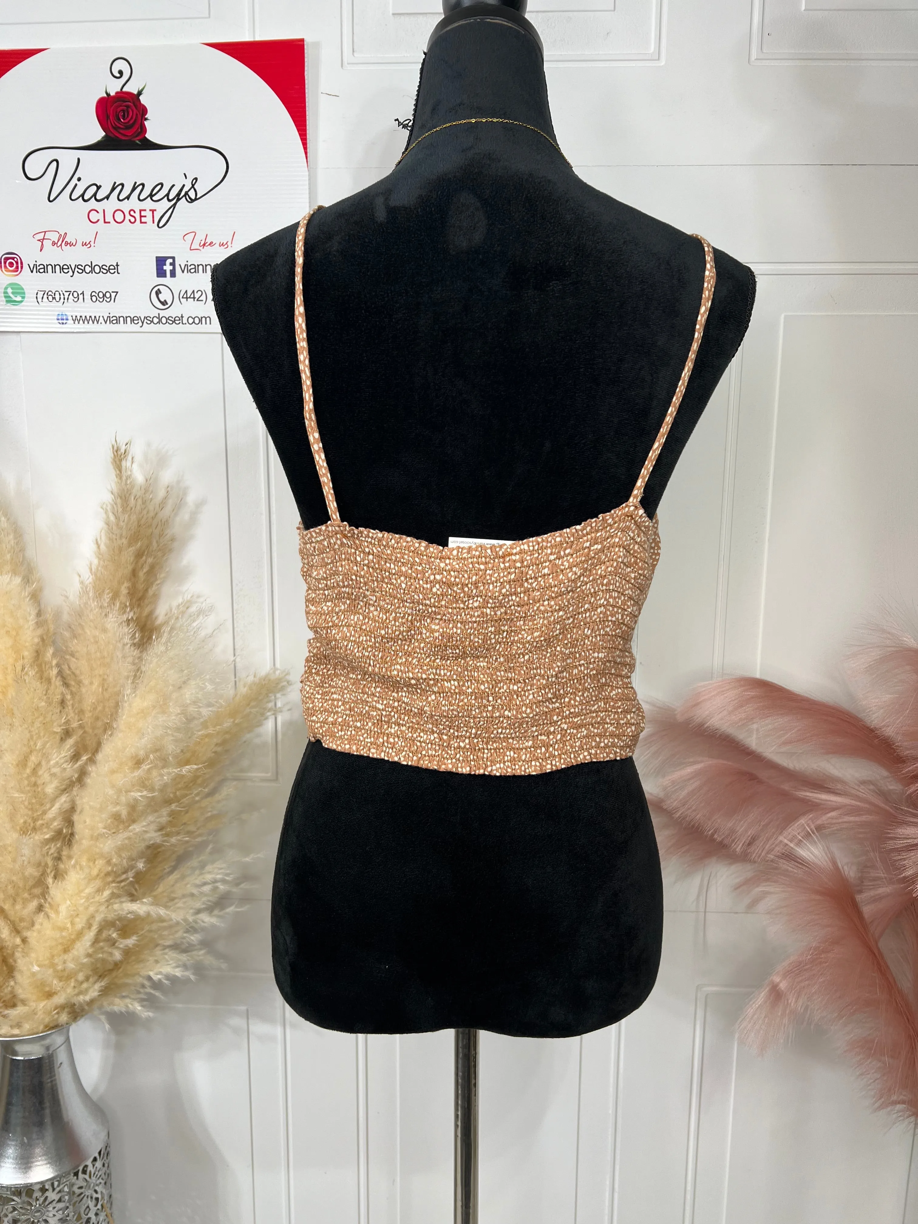Madison Caramel Spaghetti Strap Smocked Crop Top