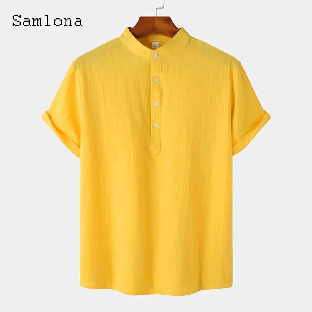 Mandarin Collar Basic Shirts Clothing New Summer Cotton Linen Tops Men Vintage harajuku Blouse S S4960095