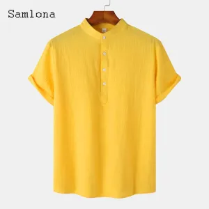 Mandarin Collar Basic Shirts Clothing New Summer Cotton Linen Tops Men Vintage harajuku Blouse S S4960095