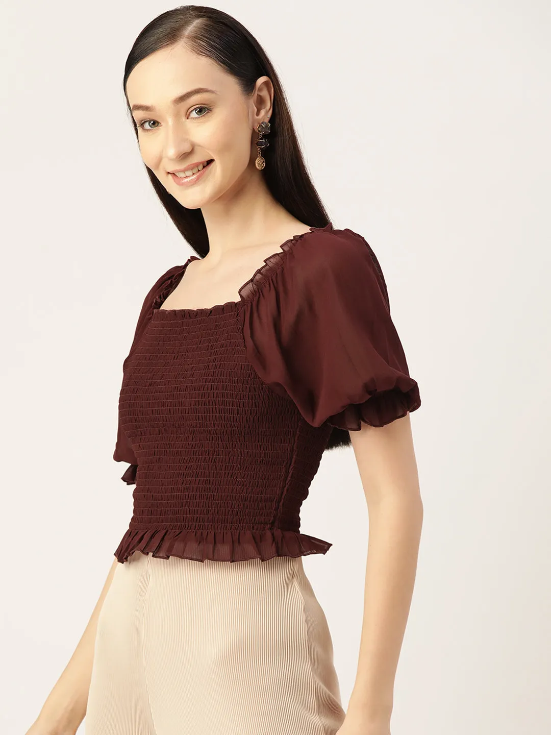 Maroon Smocked Georgette Crop Top