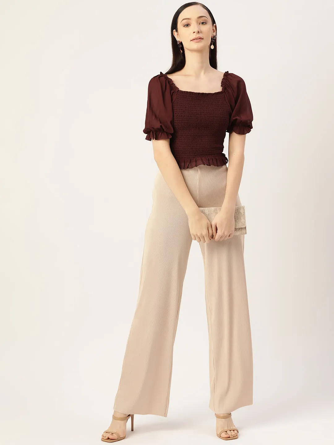 Maroon Smocked Georgette Crop Top