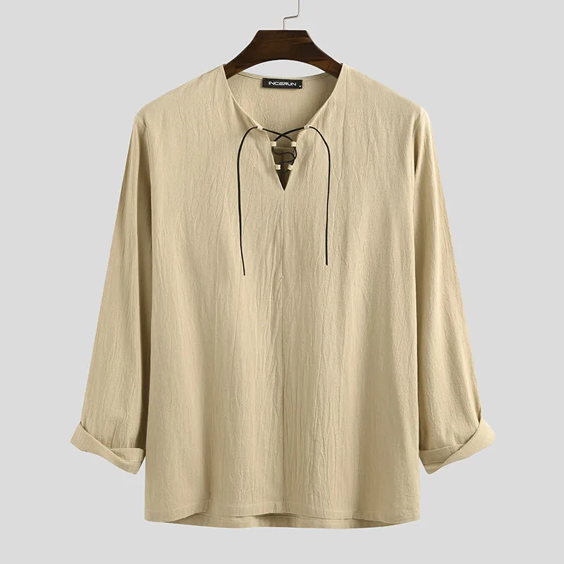 Men's Linen Cotton Long Sleeve Solid Lace Up T-Shirts SKUF61862