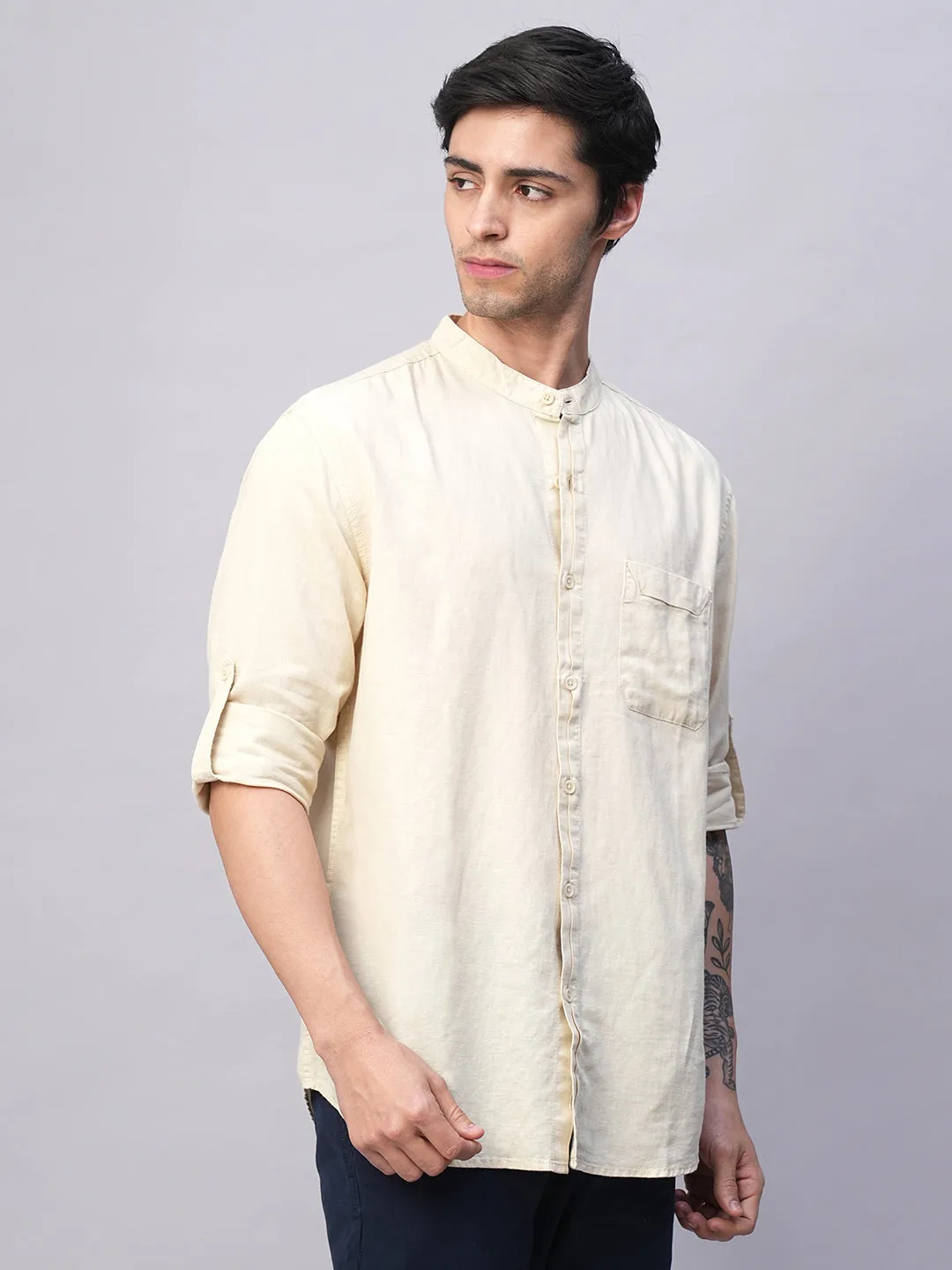 Men's Natural Cotton Linen Band Collar Regular Fit Shirt