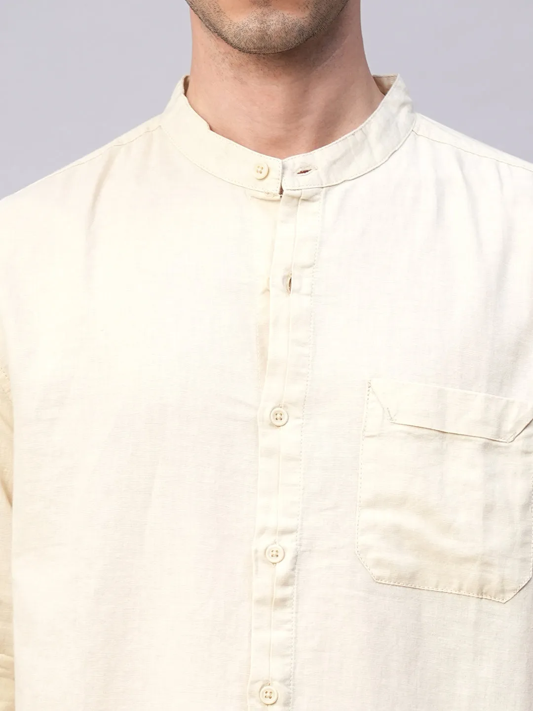 Men's Natural Cotton Linen Band Collar Regular Fit Shirt