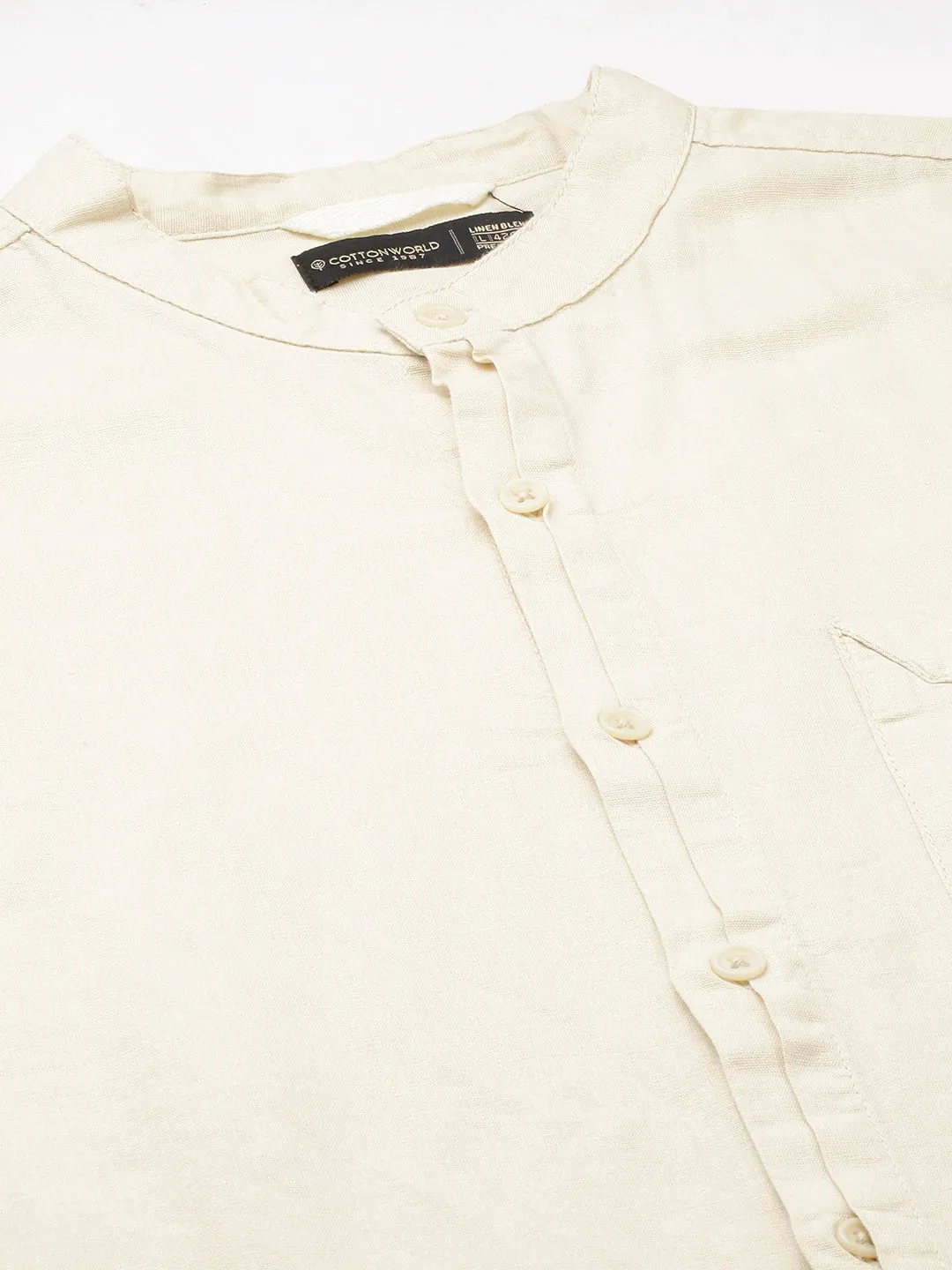 Men's Natural Cotton Linen Band Collar Regular Fit Shirt