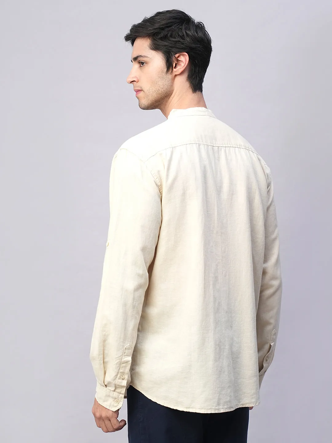 Men's Natural Cotton Linen Band Collar Regular Fit Shirt