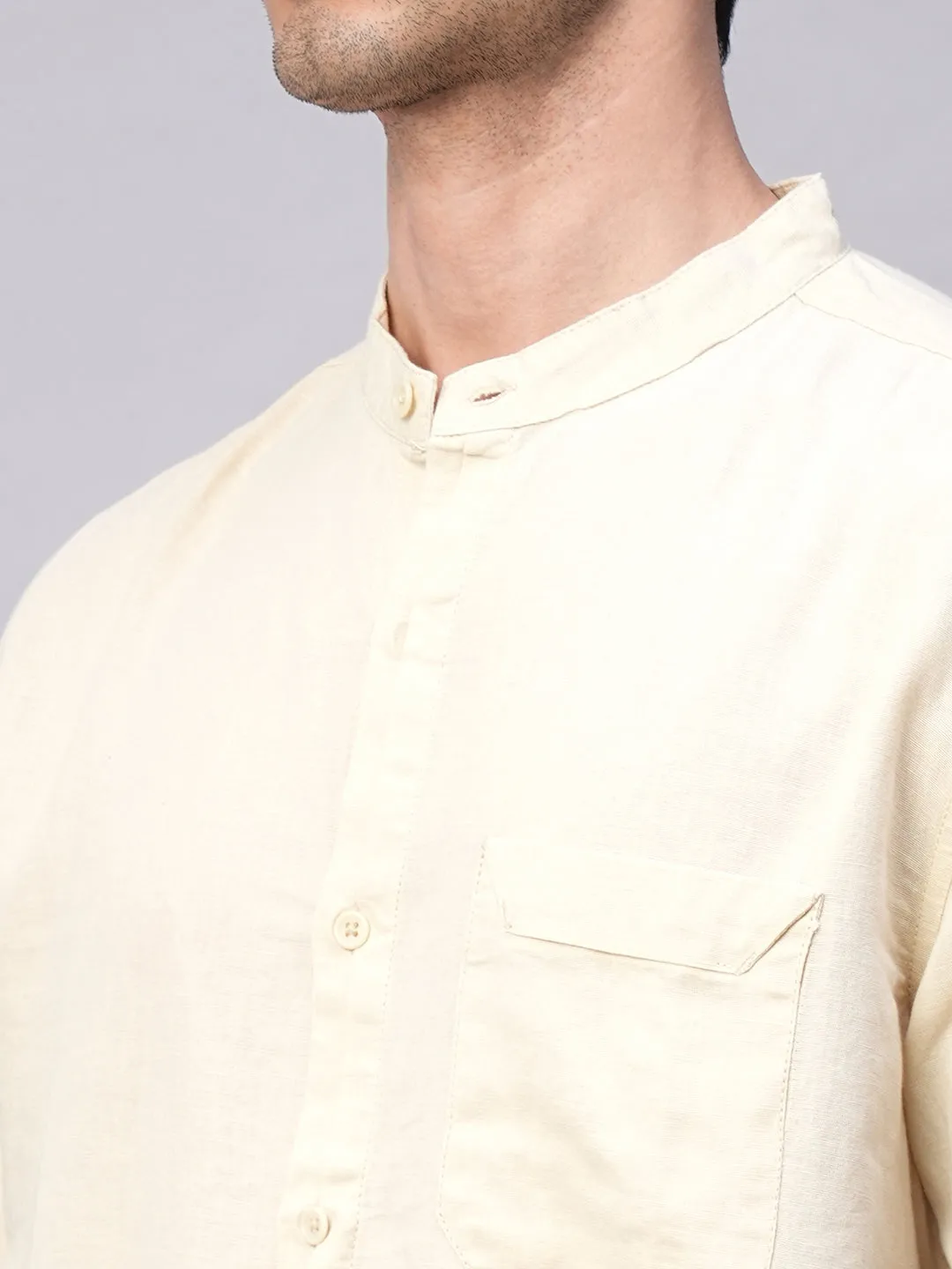 Men's Natural Cotton Linen Band Collar Regular Fit Shirt