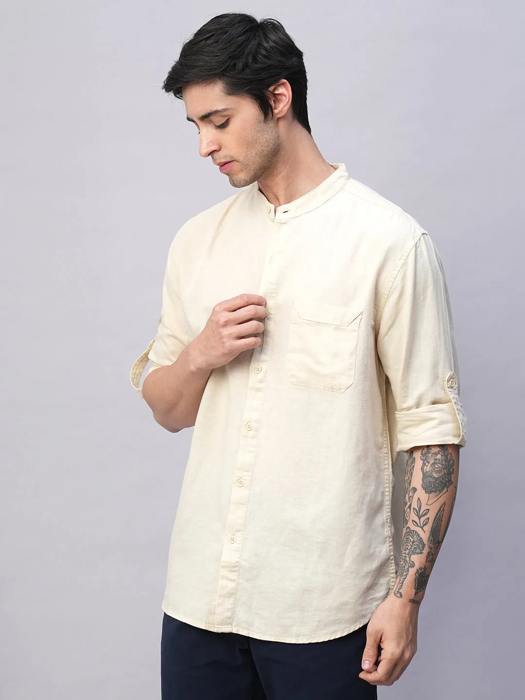 Men's Natural Cotton Linen Band Collar Regular Fit Shirt