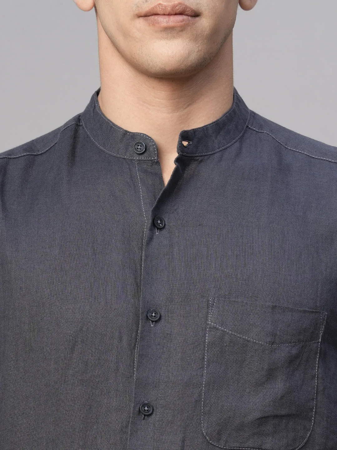Men's Navy Linen Regular Fit Shirt
