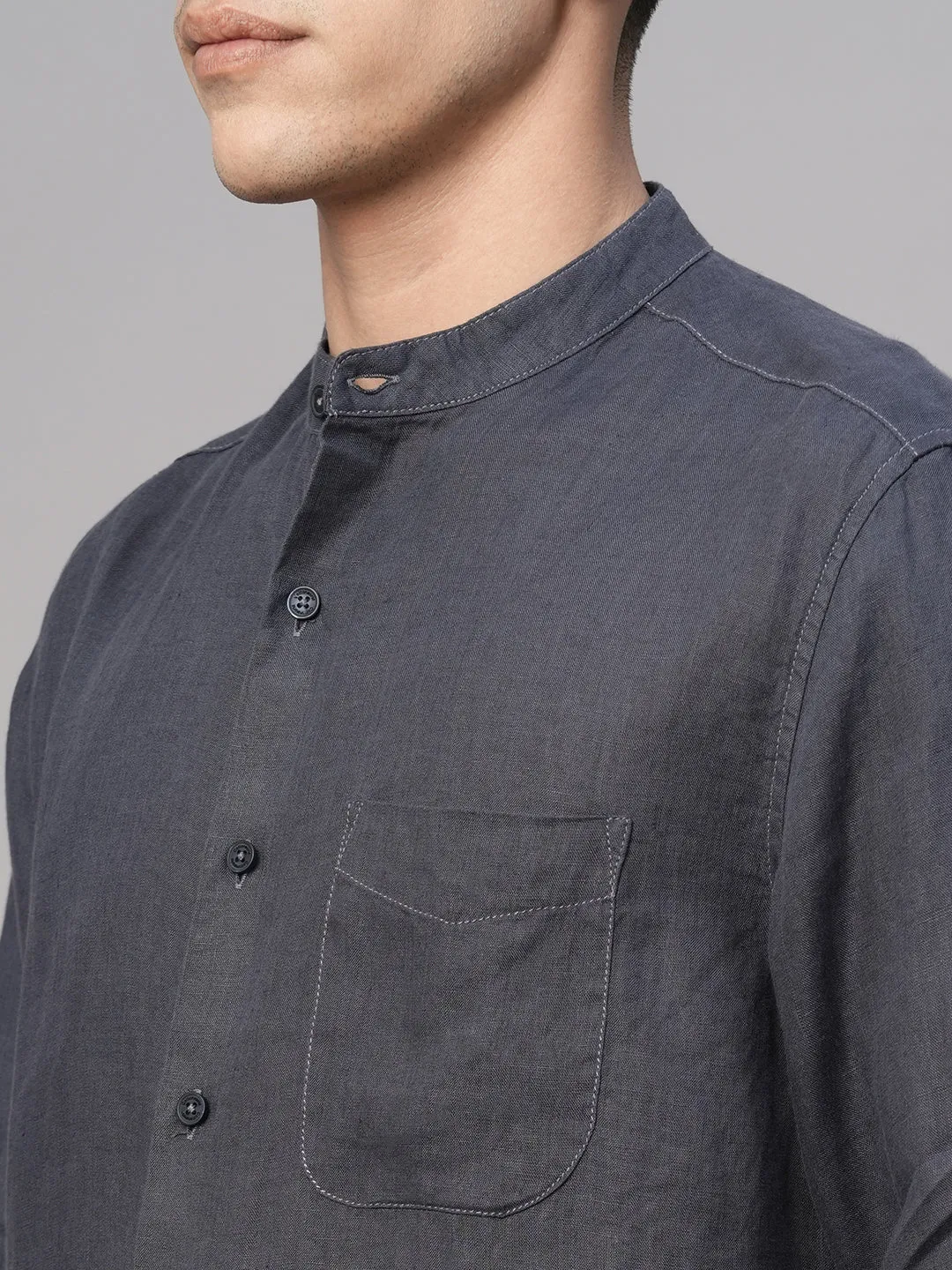 Men's Navy Linen Regular Fit Shirt