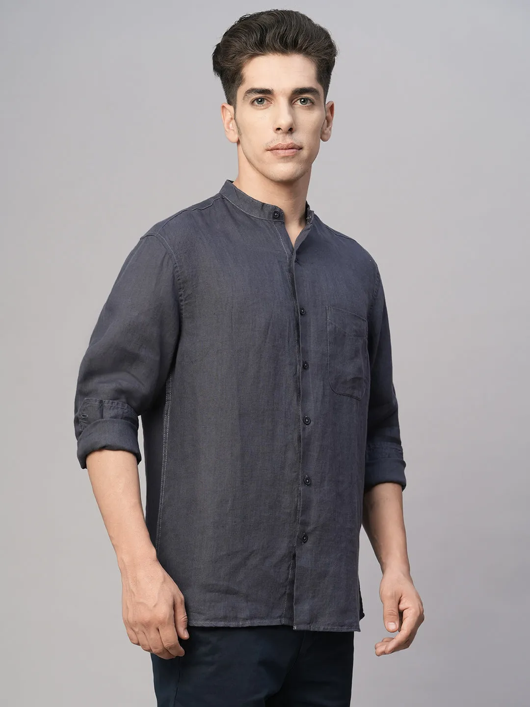 Men's Navy Linen Regular Fit Shirt