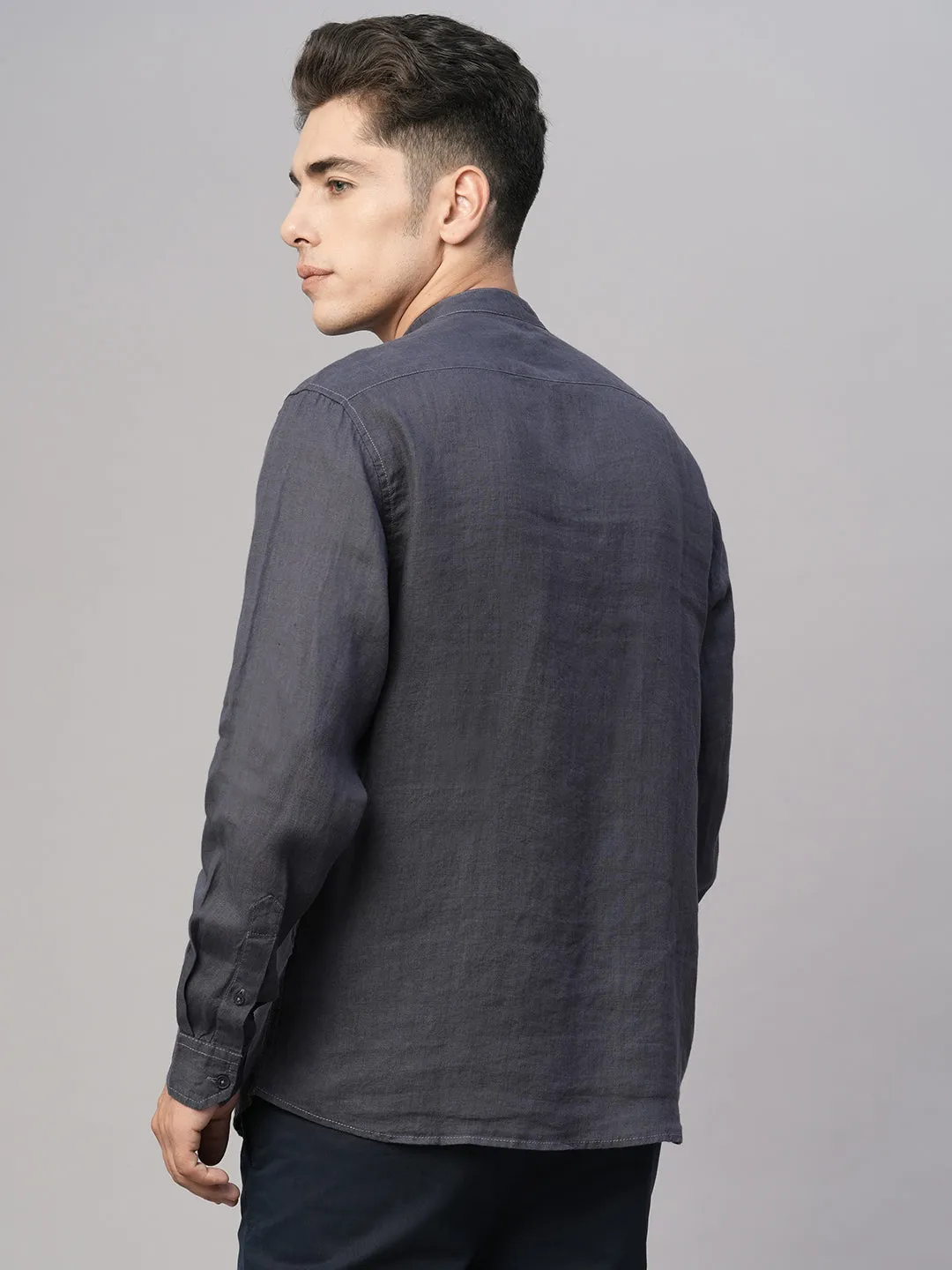 Men's Navy Linen Regular Fit Shirt