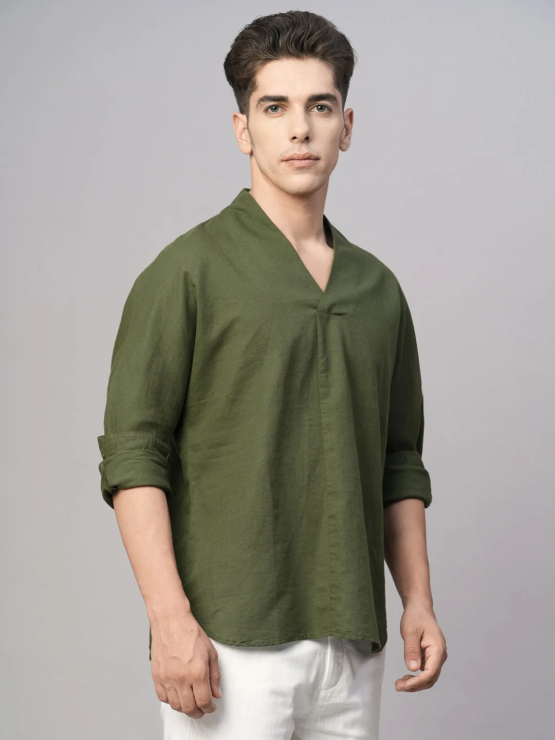 Men's Olive Cotton Linen Regular Fit Shirt