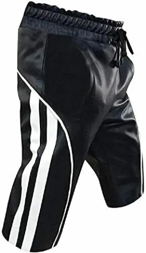 Men's Real Leather Shorts Black with White Stripes