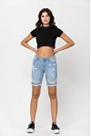 Mid Rise Distress Raw Hem Bermuda