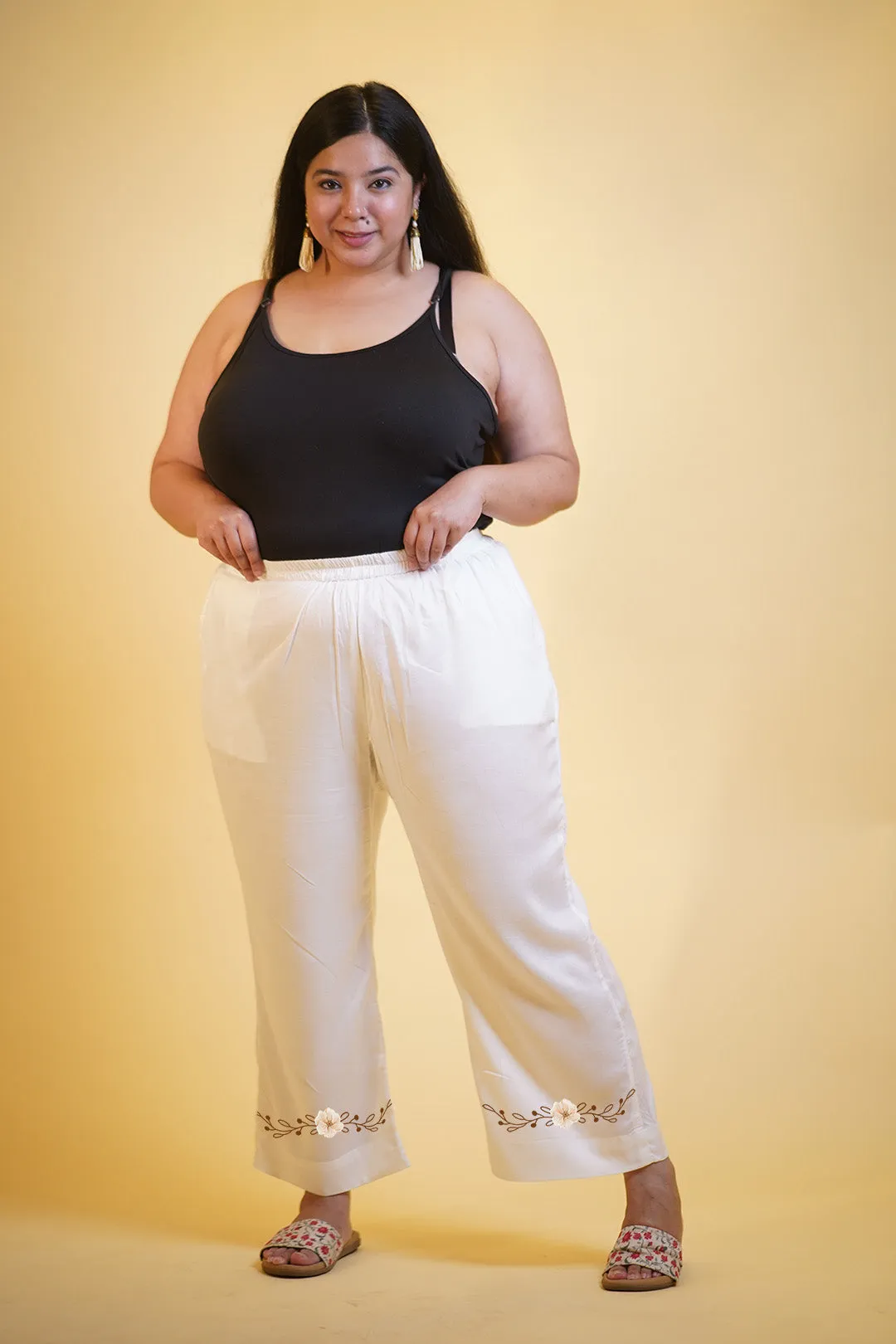 MilkyWhite Rayon PrintedPalazzoPants - IvoryBlossom