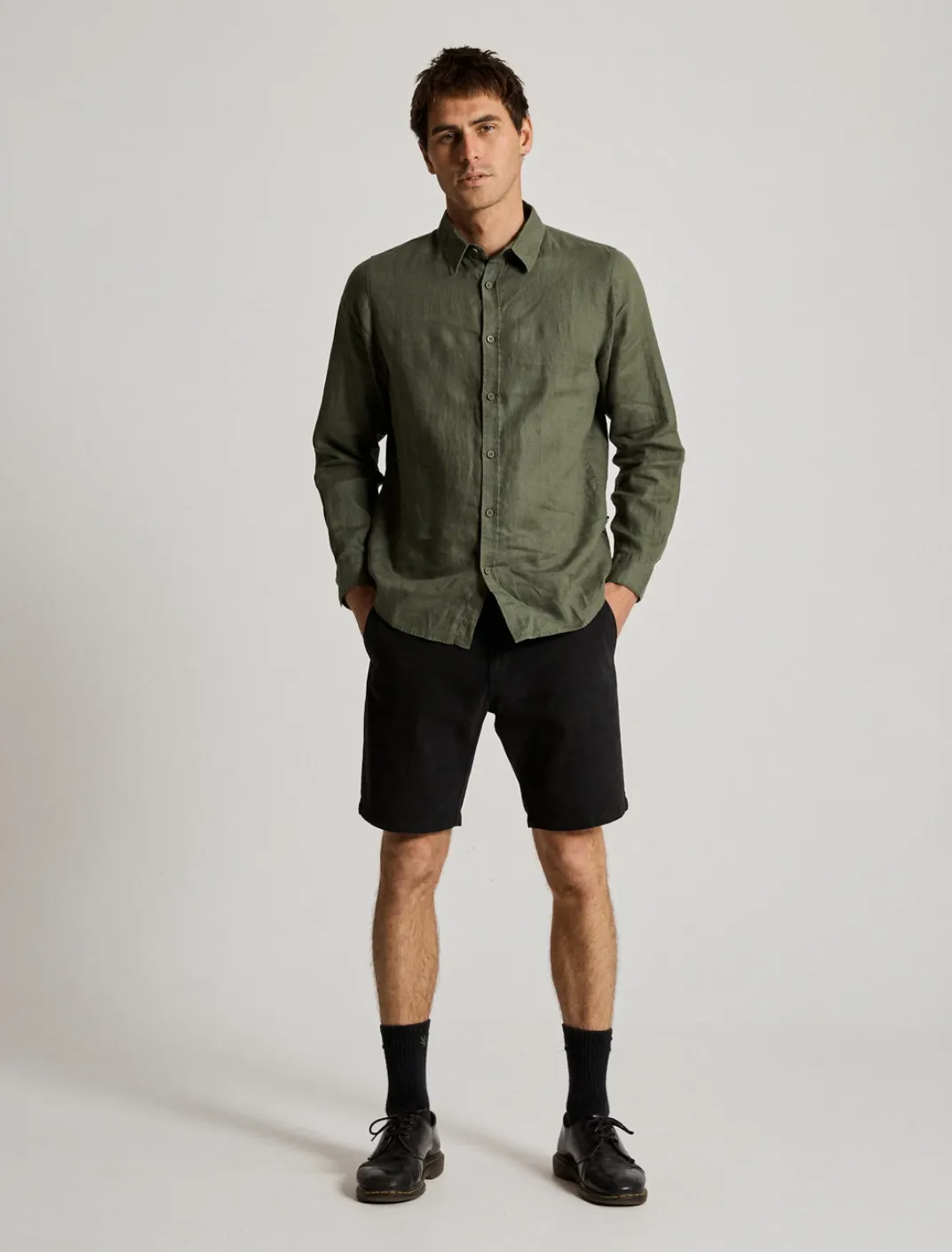 Mr Simple Linen Long Sleeve Shirt in Fatigue