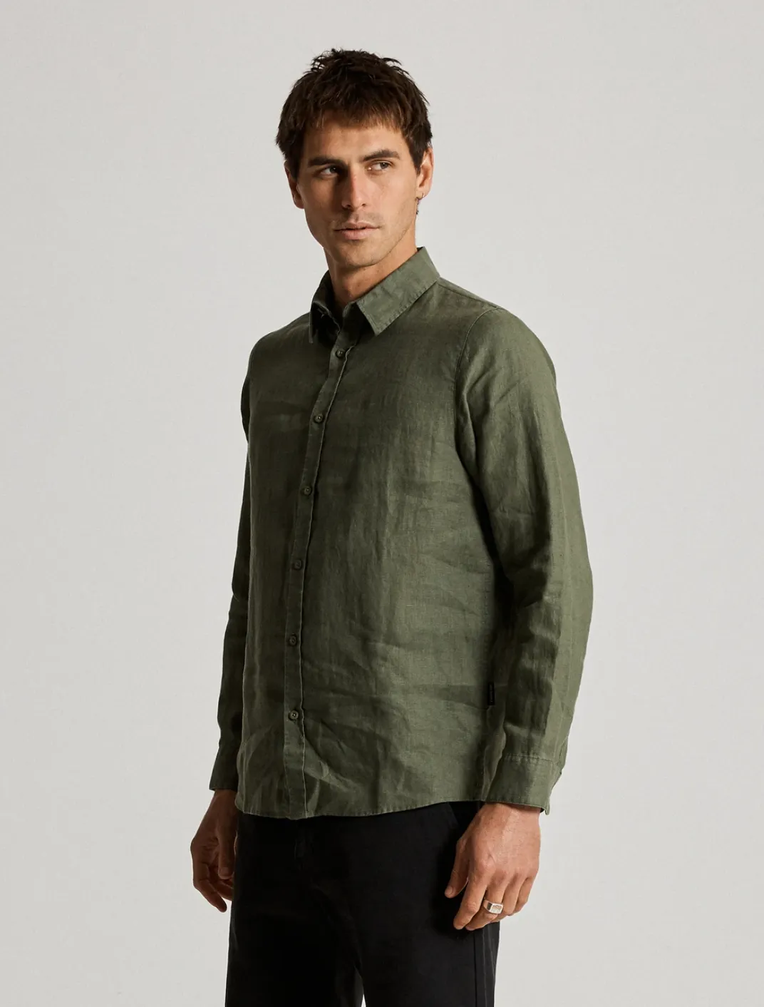 Mr Simple Linen Long Sleeve Shirt in Fatigue