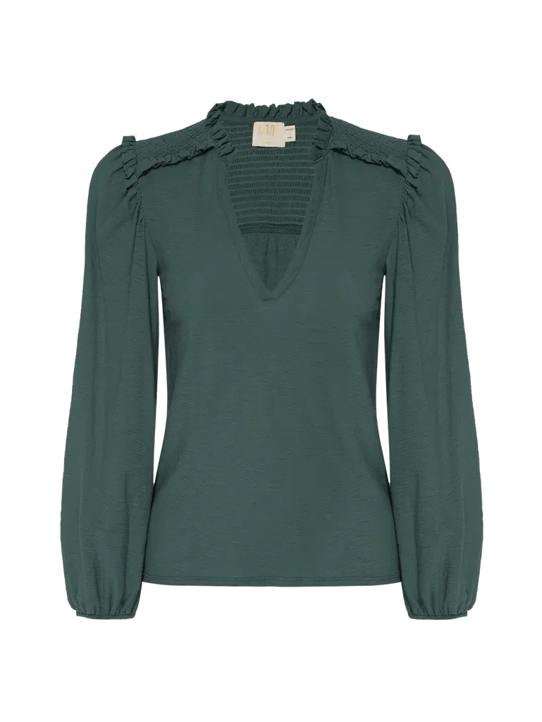 Nation LTD - Dolly Smocked Shoulder Tee in Evergreen