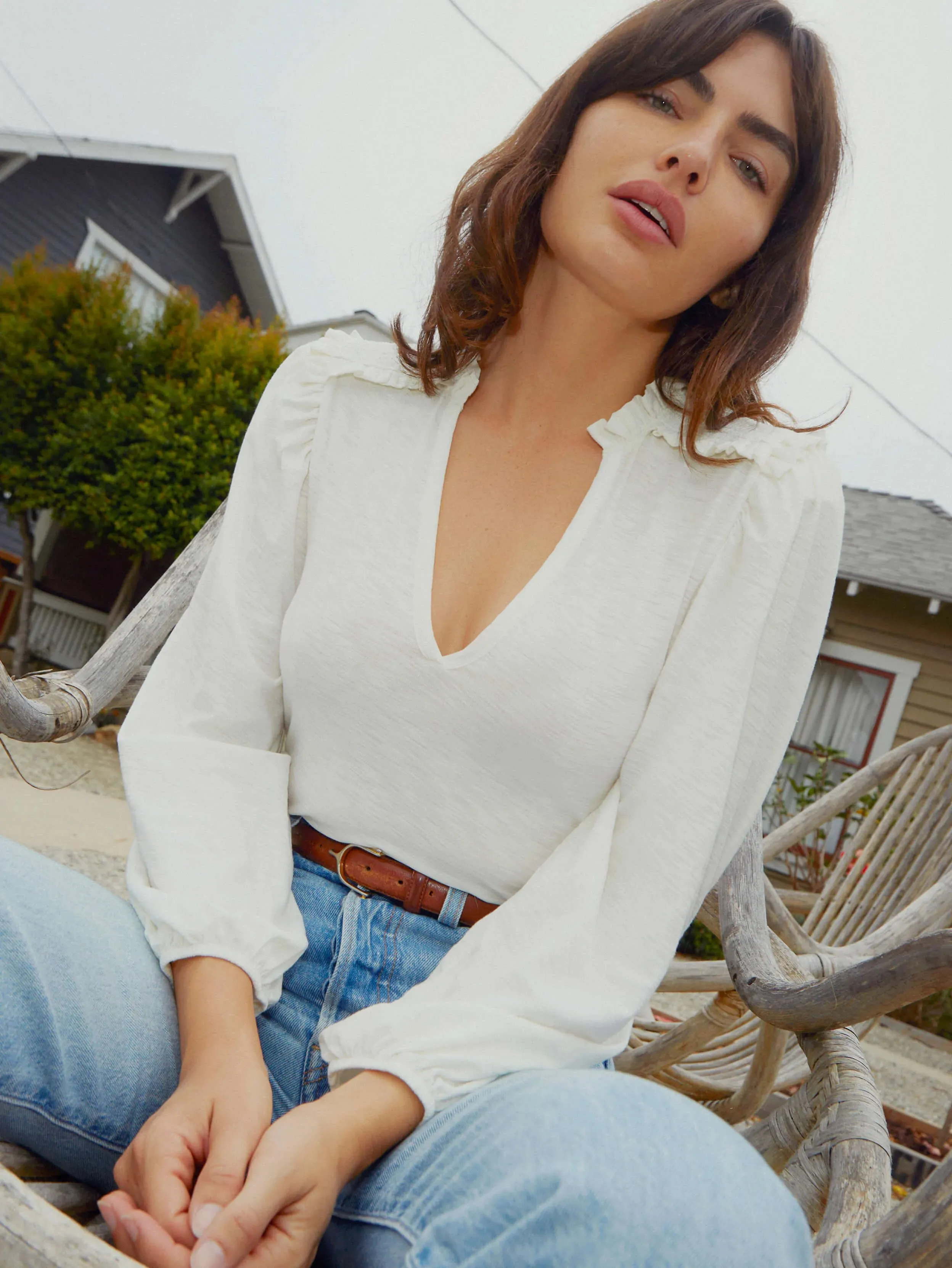 Nation LTD - Dolly Smocked Shoulder Tee in Off White