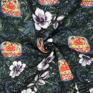 Navy-Purple-Multi Floral and Tile Pattern Printed Linen Woven Fabric