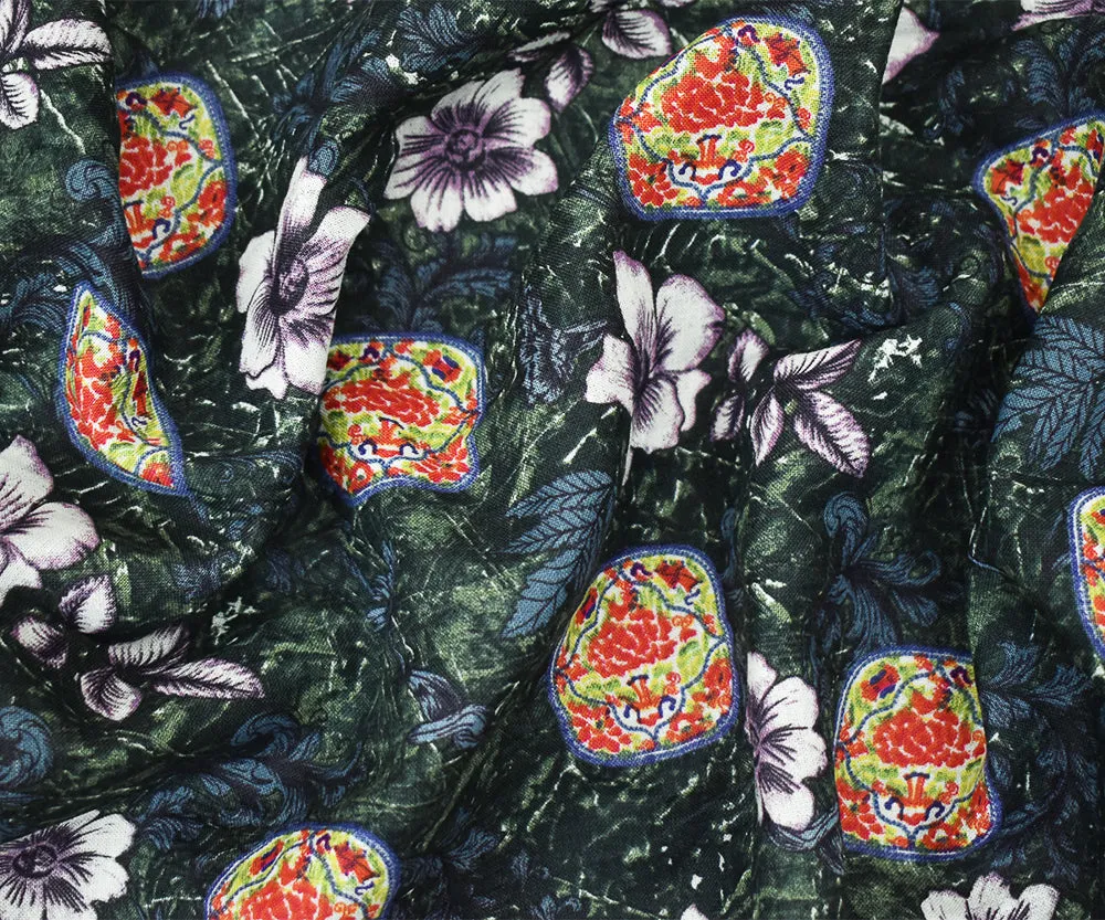 Navy-Purple-Multi Floral and Tile Pattern Printed Linen Woven Fabric