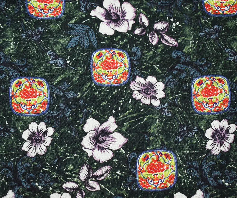 Navy-Purple-Multi Floral and Tile Pattern Printed Linen Woven Fabric