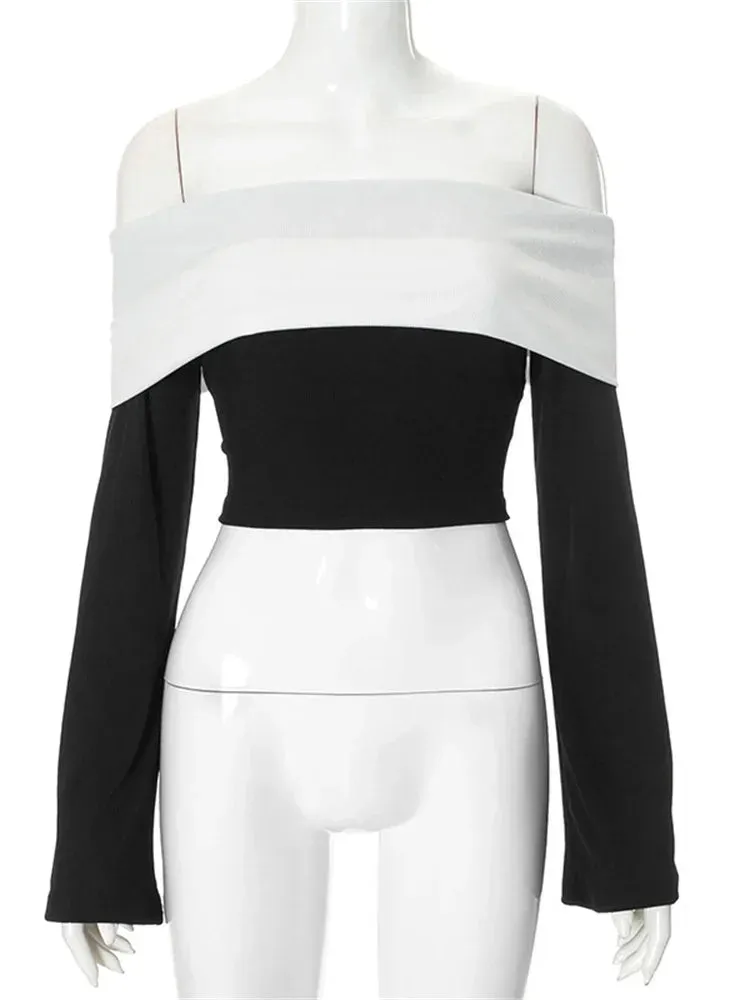 Off-Shoulder Patchwork Contrast Cropped Top