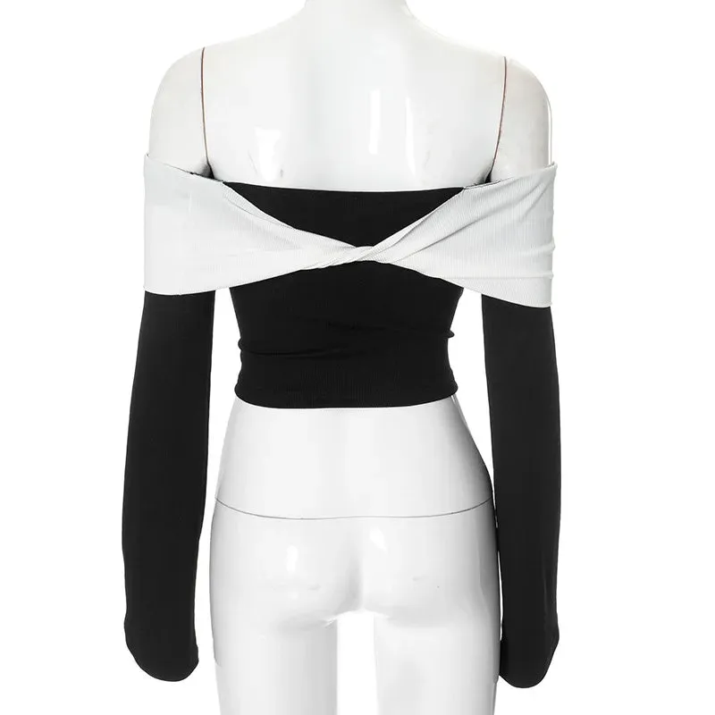 Off-Shoulder Patchwork Contrast Cropped Top