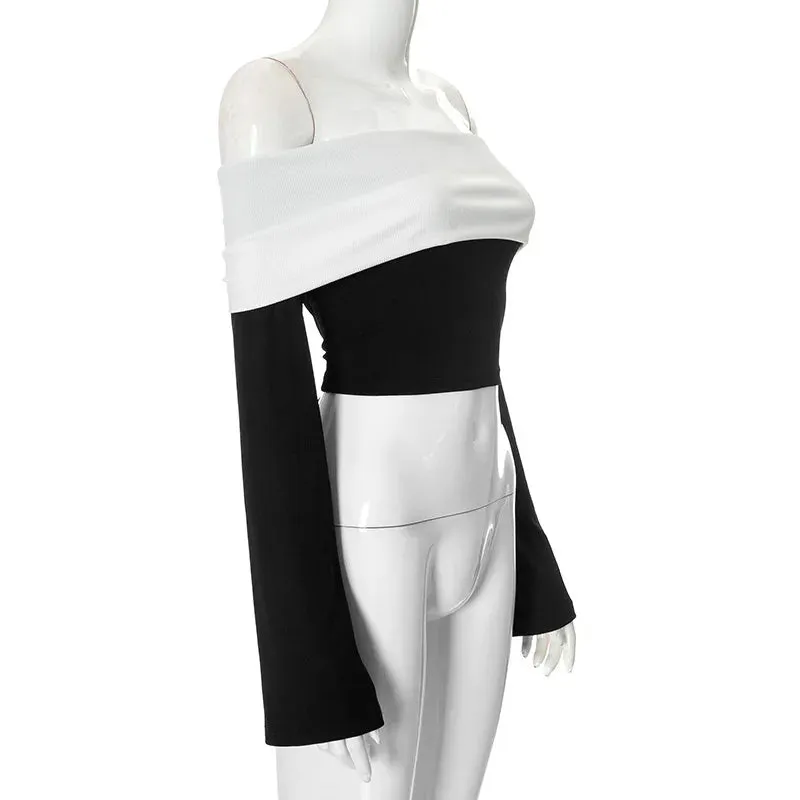 Off-Shoulder Patchwork Contrast Cropped Top