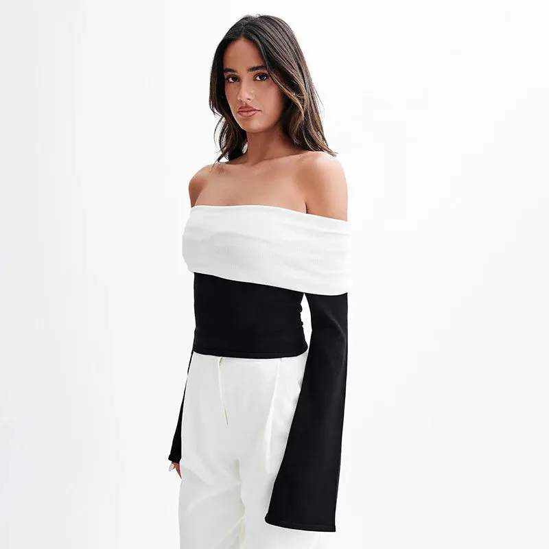 Off-Shoulder Patchwork Contrast Cropped Top