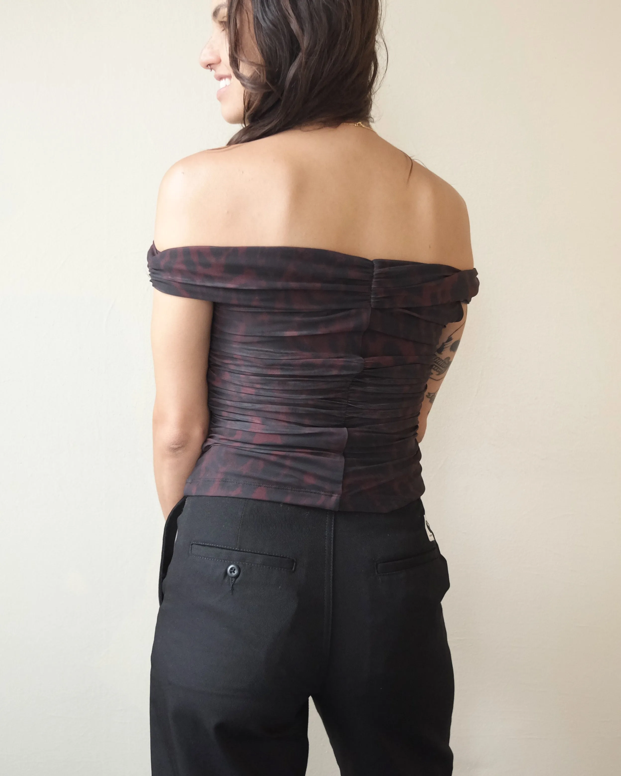 Off Shoulder Ruched Top, Bitter Chocolate