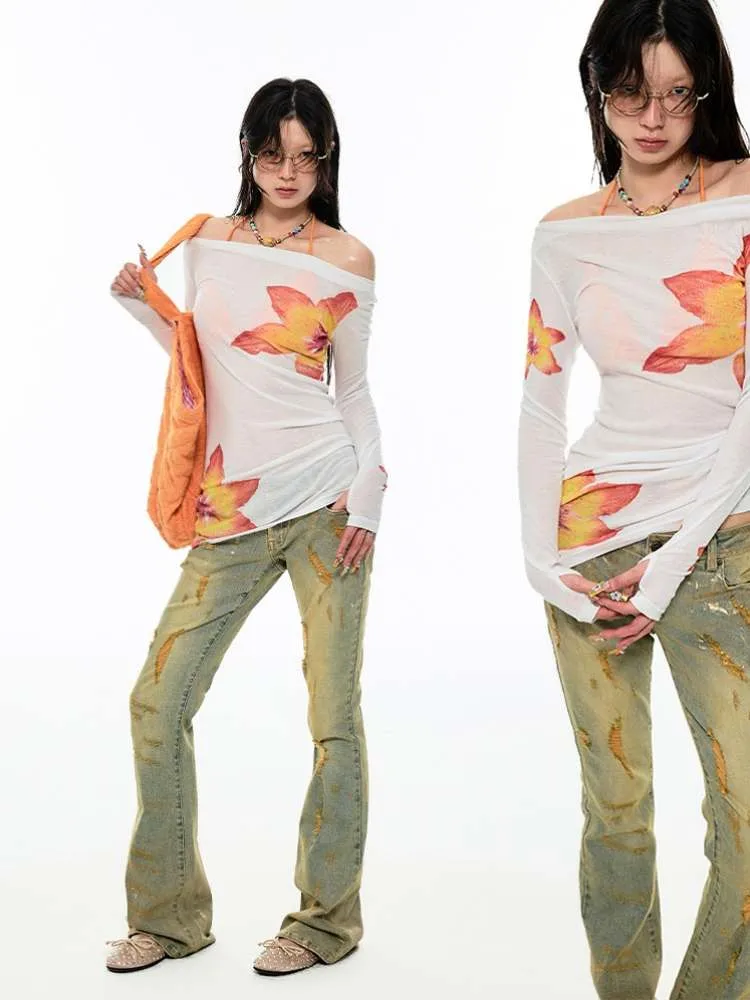 Off Shoulder Sheer Sexy Summer Print Tee【s0000009138】