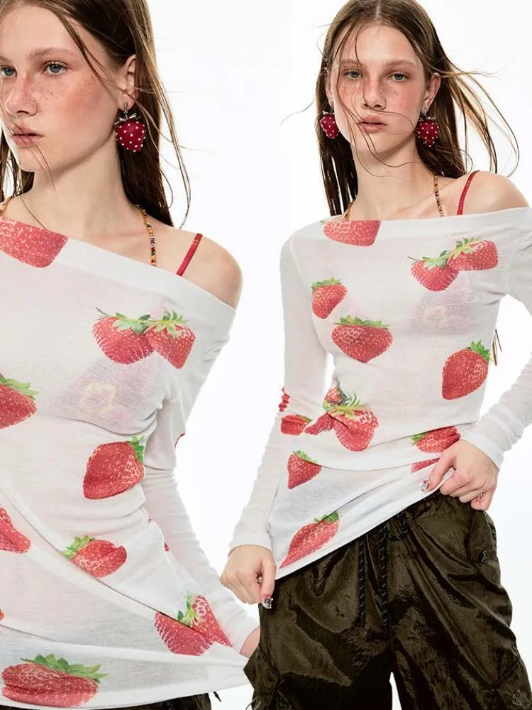 Off Shoulder Sheer Sexy Summer Print Tee【s0000009138】