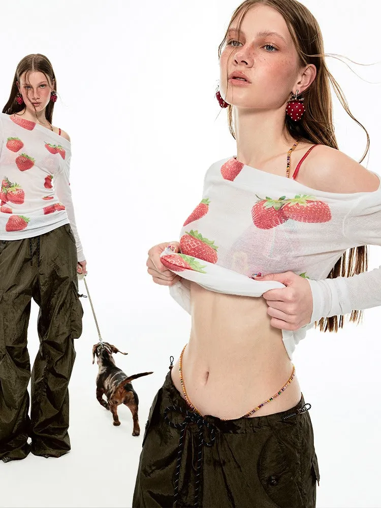 Off Shoulder Sheer Sexy Summer Print Tee【s0000009138】