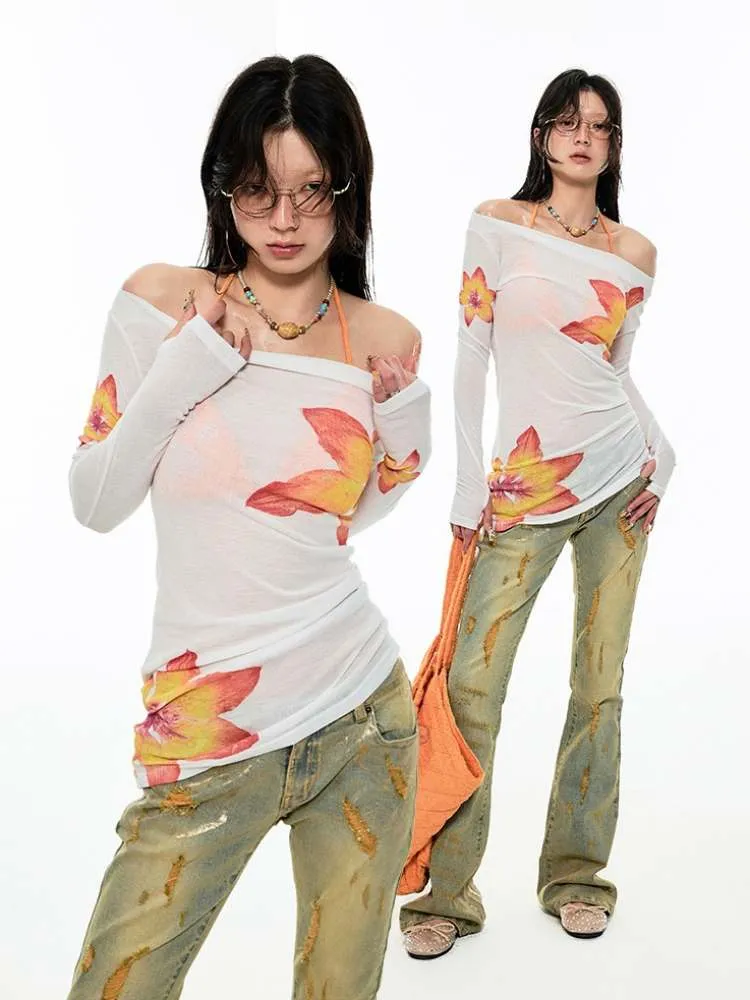 Off Shoulder Sheer Sexy Summer Print Tee【s0000009138】