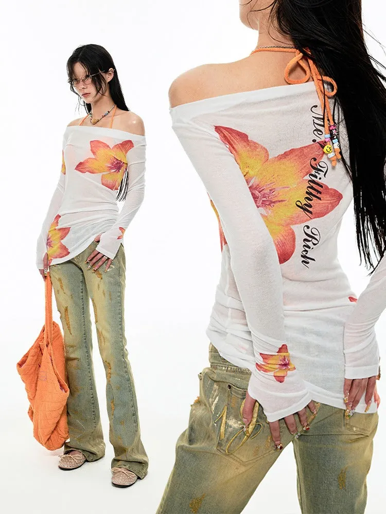 Off Shoulder Sheer Sexy Summer Print Tee【s0000009138】