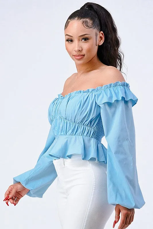 OFF SHOULDER SMOCKED RUFFLED CROP TOP