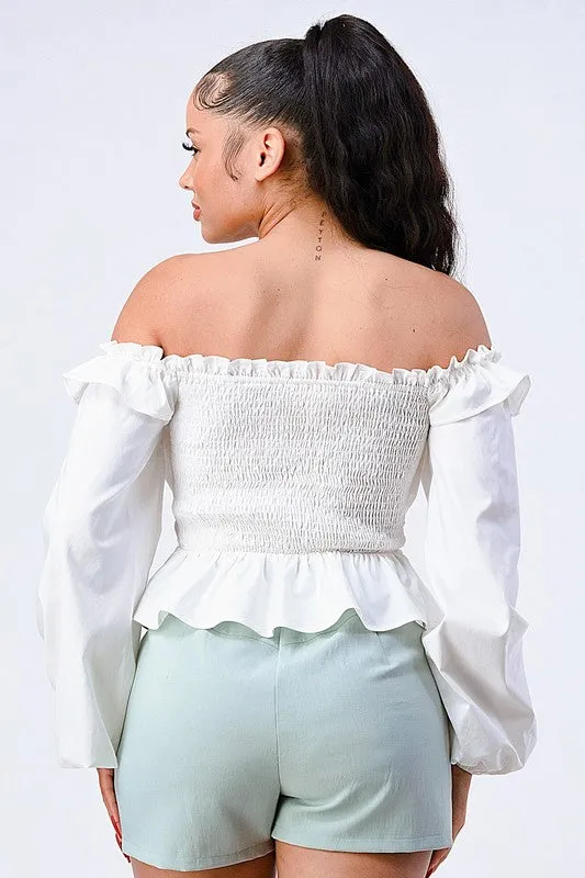 OFF SHOULDER SMOCKED RUFFLED CROP TOP