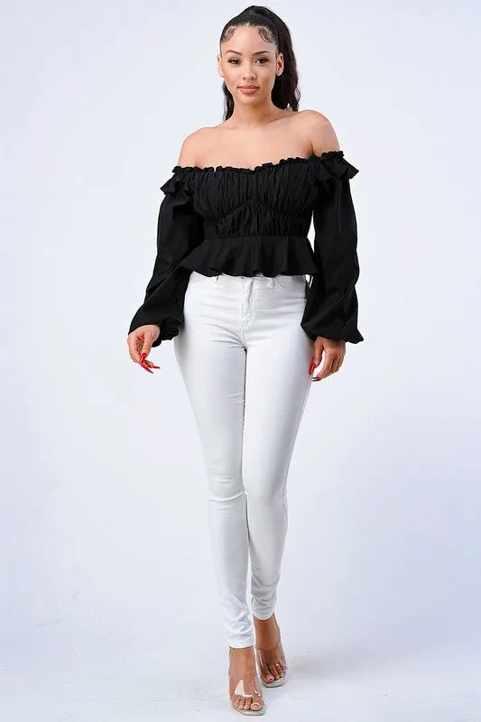 OFF SHOULDER SMOCKED RUFFLED CROP TOP