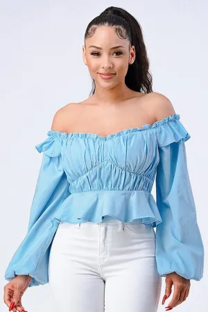 OFF SHOULDER SMOCKED RUFFLED CROP TOP