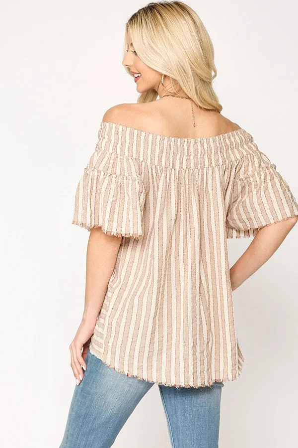 Off Shoulder Smoked Neck Top with Tie Front