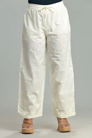 Off White Cotton Embroidered Palazzos