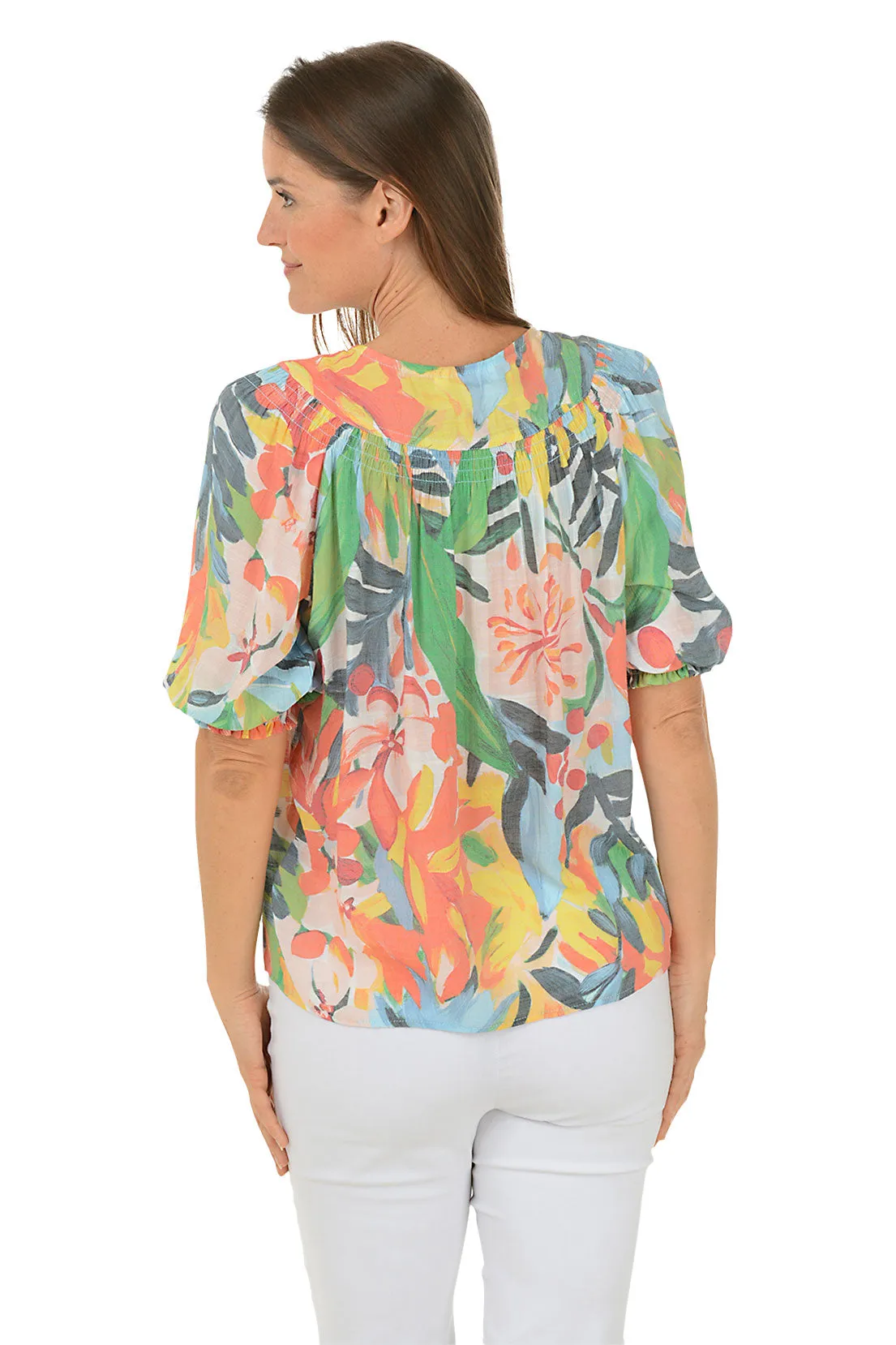Painted Garden Crochet Yoke Button Blouse