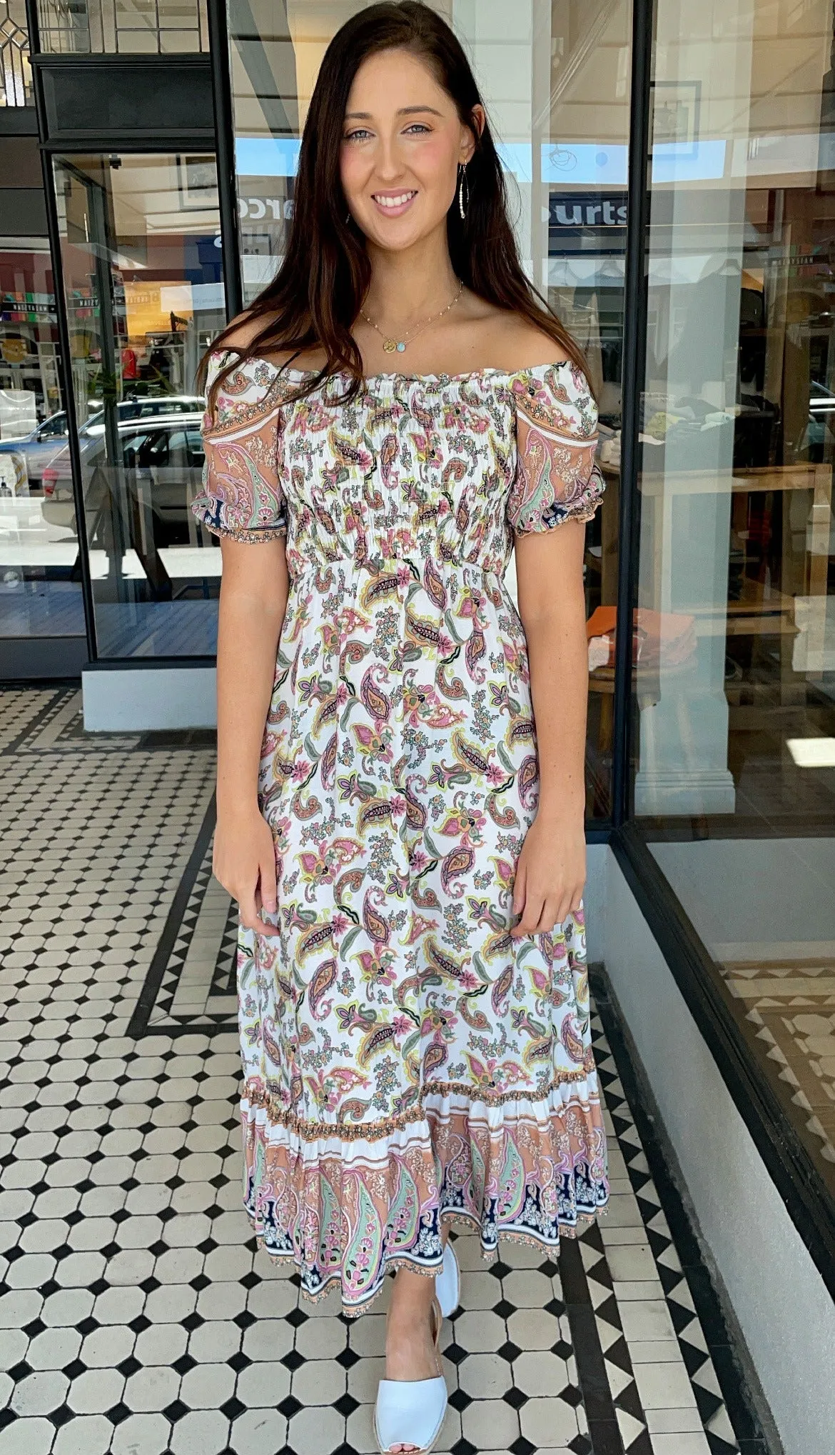 Paisley Smocked Bodice Dress Off White