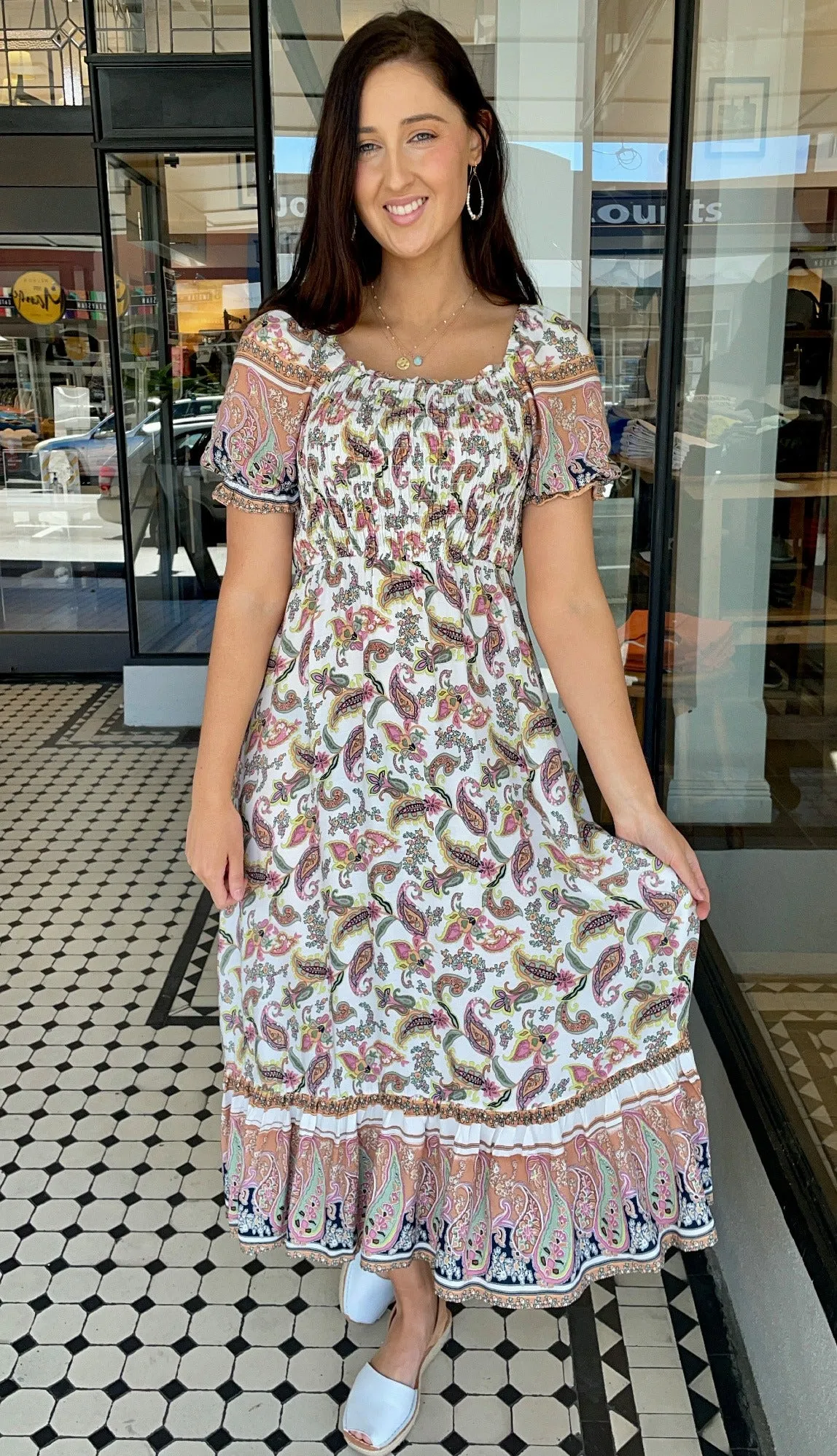 Paisley Smocked Bodice Dress Off White
