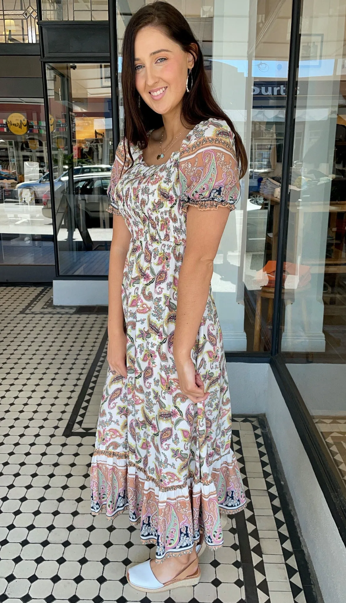 Paisley Smocked Bodice Dress Off White