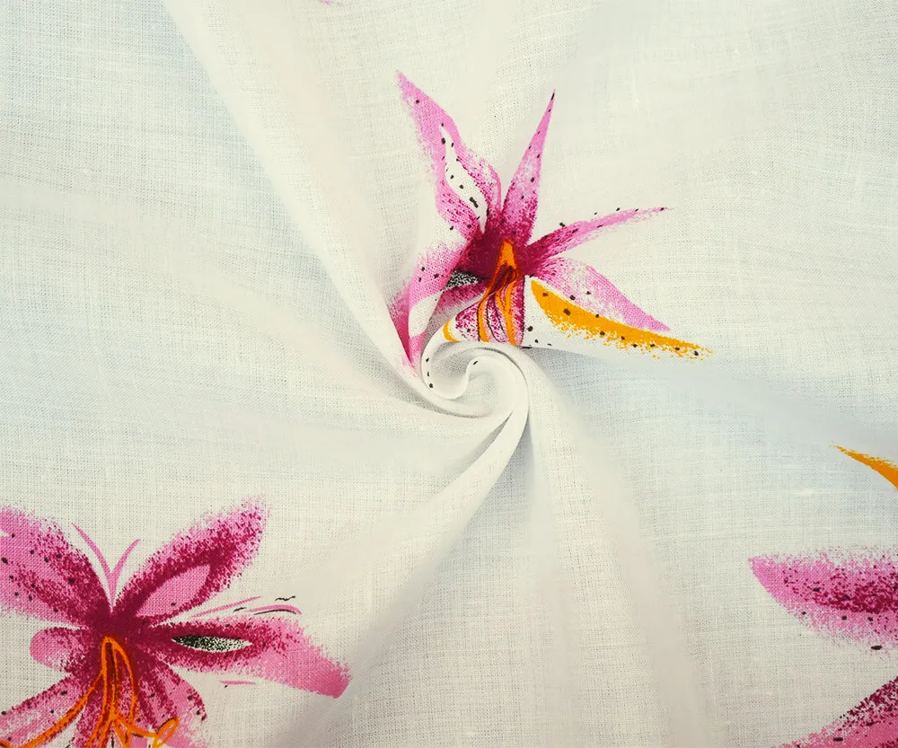 Pink-White-Multi Floral Lily Printed Linen Woven Fabric