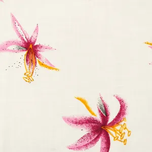Pink-White-Multi Floral Lily Printed Linen Woven Fabric