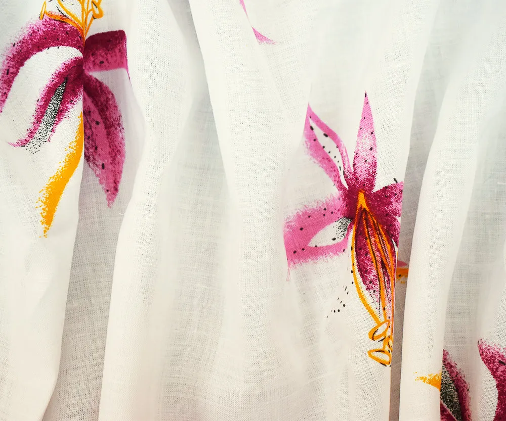 Pink-White-Multi Floral Lily Printed Linen Woven Fabric